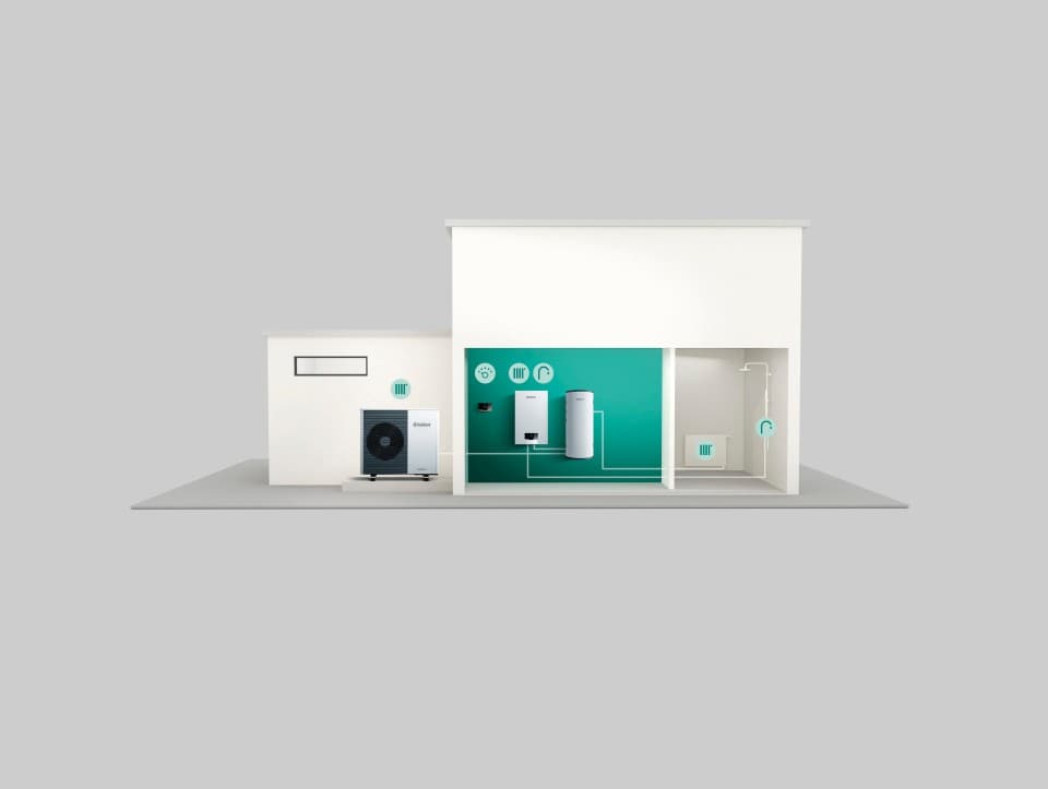 Grafisch afgebeeld huis met warmtepomp systeemopstelling