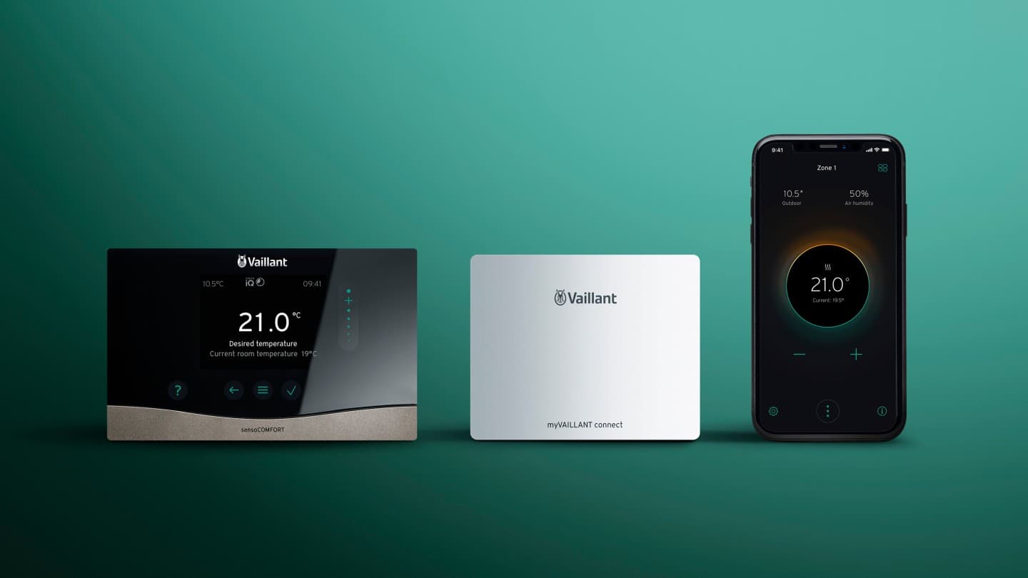 Links: thermostaat met temperatuurdisplay. Midden: Vaillant Connect WiFi-module. Rechts: mobiele telefoon met myVaillant app.