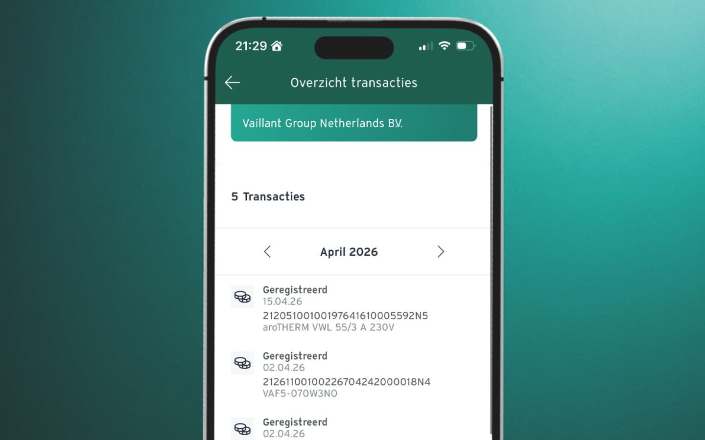 Het registratie overzicht in de myVaillant Pro app