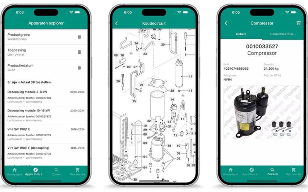 Schermen met catalogus reserveonderdelen app